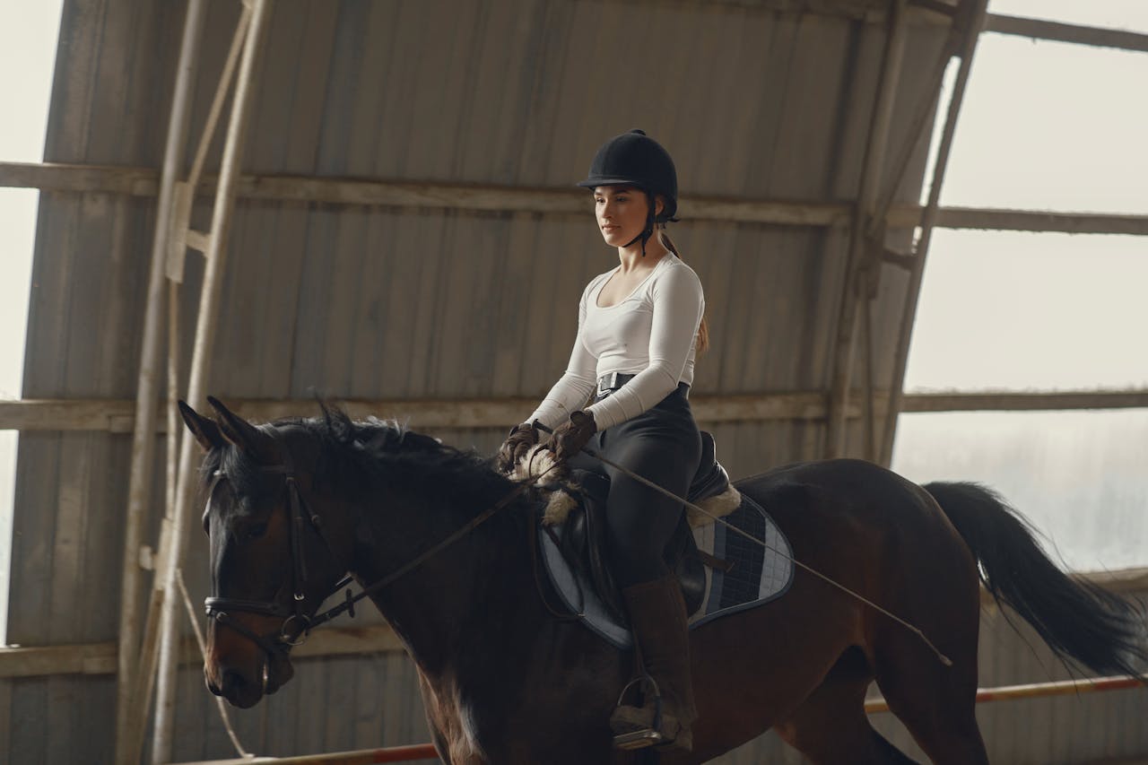 services-01 Focused woman riding a horse in an indoor arena, showcasing equestrian skills.