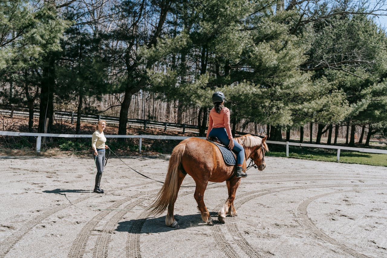 services-04 Woman on horseback receiving instruction in outdoor equestrian setting.